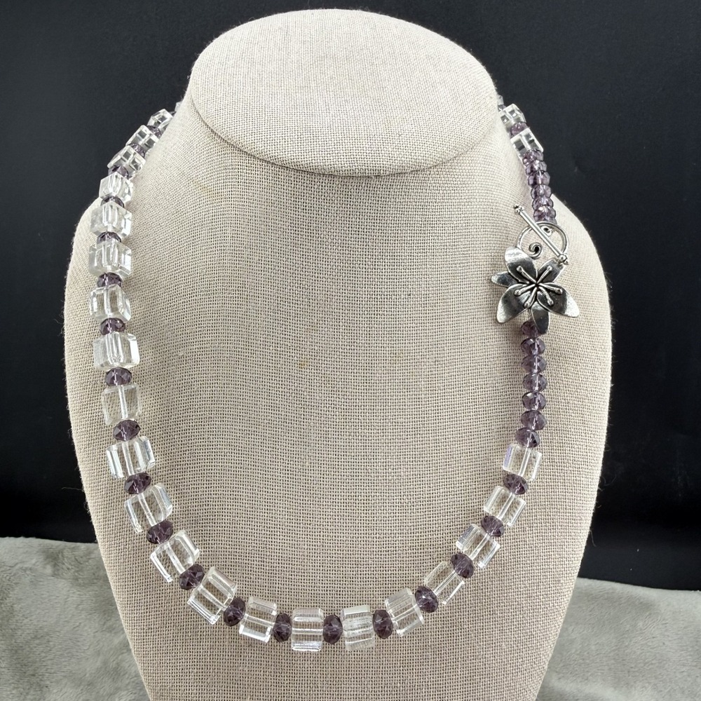 Vintage Estate Beaded Necklace Clear Purple Glass Butterfly Toggle 19in